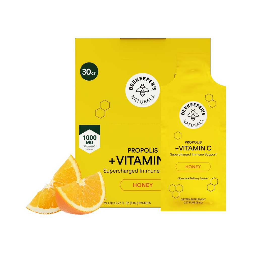 Propolis Liposomal Vitamin C av Beekeepers Naturals, 1000mg vitamin C, Propolis & Organic Honning, Supercharged Immune Support & Økt Bioavalibicity for Max Absorpsjon, 30 Ct