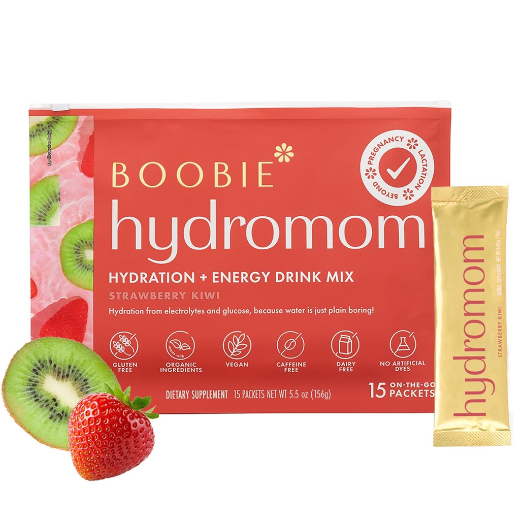 Boobie Hydromom Superfood Electrolyte Drink Mix, Strawberry Kiwi | Oppfriskende energi & Hydration Boost for Mamas | On-The-Go & Reise Essentials for graviditet, lacation, & Beyond, 15 Packets