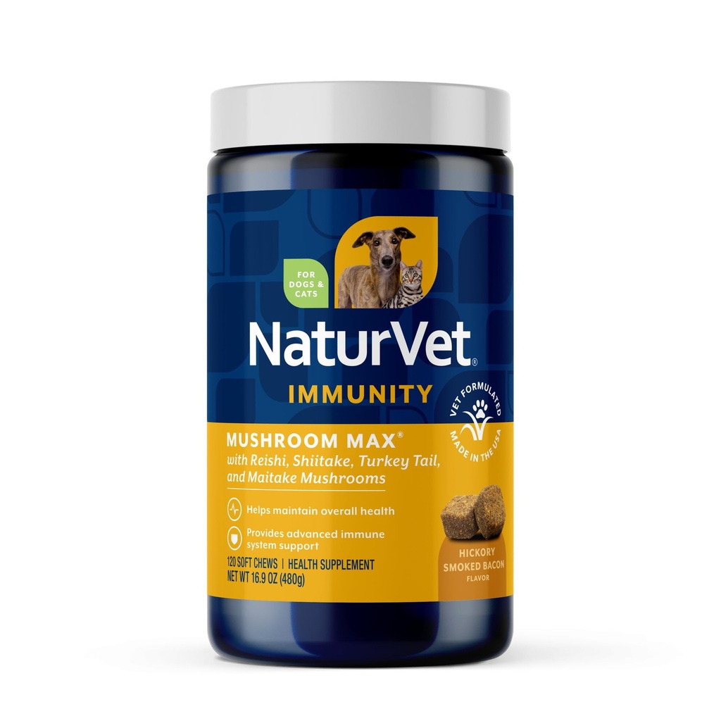 NaturVet Mushroom Max Advanced Immune Support Hund Supplement - bidrar til å styrke immuniteten, generelle helse for hunder - Inkluderer Shitake Mushrooms, Reishi, Tyrkia Tail - 120 Ct.