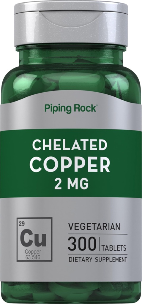 Piping Rock Chelated Kobber 2 mg Supplement | 300 tabletter | Vegetarisk, ikke-GMO, Glutenfri