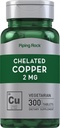Piping Rock Chelated Kobber 2 mg Supplement | 300 tabletter | Vegetarisk, ikke-GMO, Glutenfri