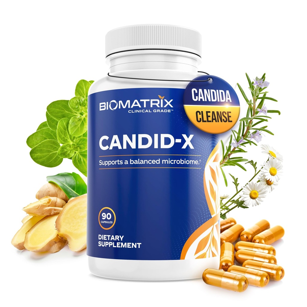 Biomatrix Kandid-X Gut Cleanse med Berberine, Oregano, Natrium Caprylate, Kamille, Ginger, PAU D'arco, Digestive kosttilskudd for menn og kvinner | 90 kapsler