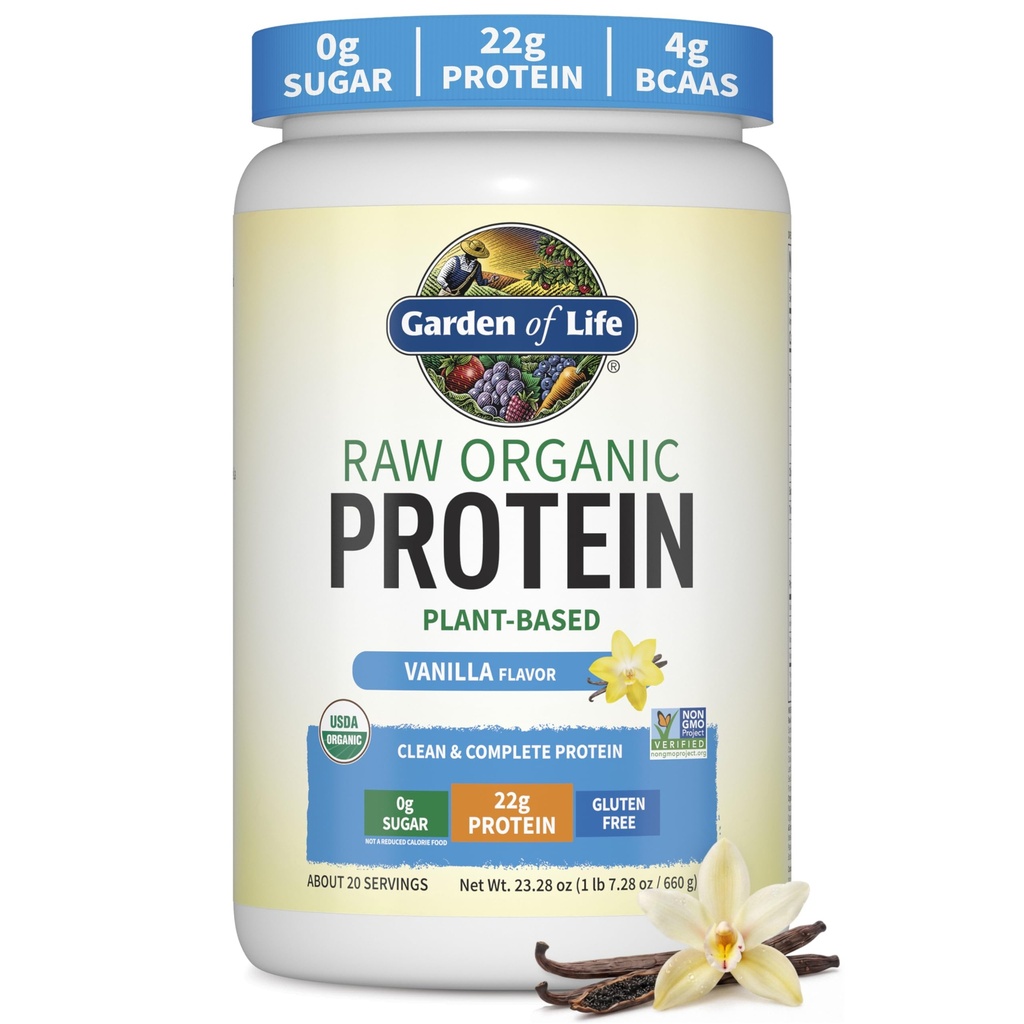 Garden of Life Protein pulver, Vegansk Protein pulver, BCAA, Probiotika og Digestive Enzymer, Gluten og Laktose gratis, Vanilla, 1,5 LB