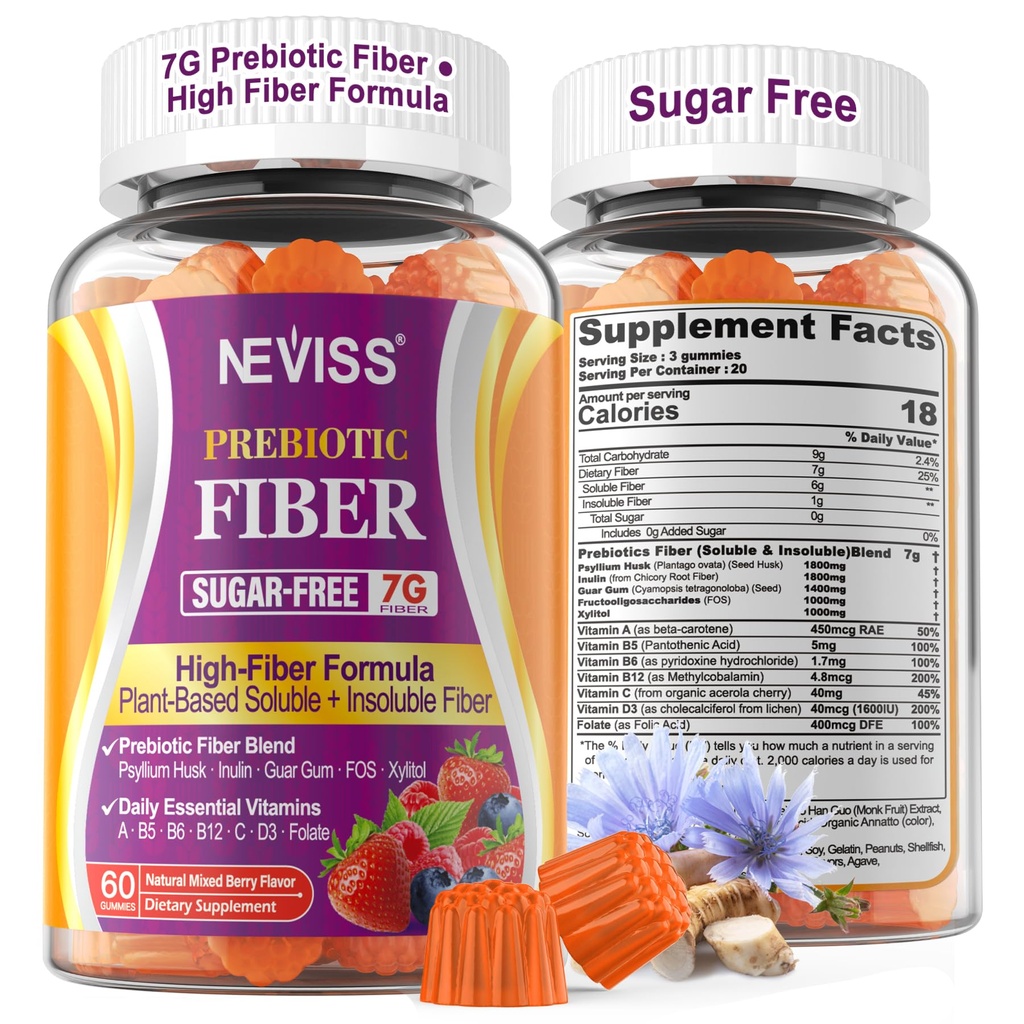 1Pack Fiber Gummies for voksne med Psyllium Husk, 7G(oppløselig + uoppløselig) Daglig Prebiotisk Fiber med Inulin, FOS, Guar Gum, Multivitaminer for daglig Digestiv helse, Regularity Gut Support,Sugar Gratis