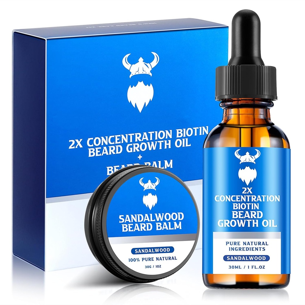 Beard Growth Oil & Beard Balm - Beard Growth Kit med 2X-konsentrasjon Biotin for menn, naturlige ingredienser med Argan olje, Jojoba olje og vitamin (Sandalwood)
