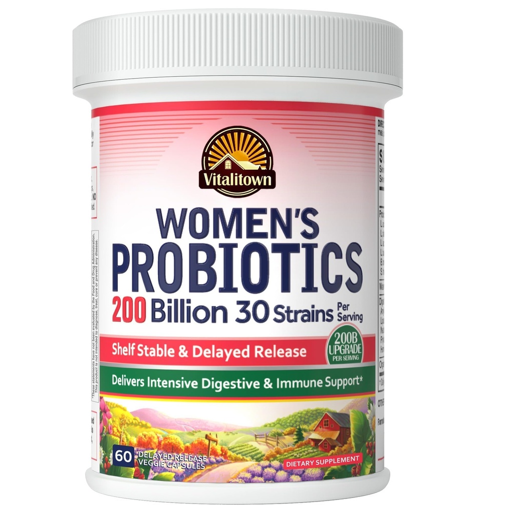 Vitalitown kvinners probiotika | 200 milliarder CFU 30 Strains | 60 ct | hyllestabil, syrebestandig | Replenish Gode bakterier, Intensiv Digestiv & Vaginal støtte | Vegan, ikke-GMO