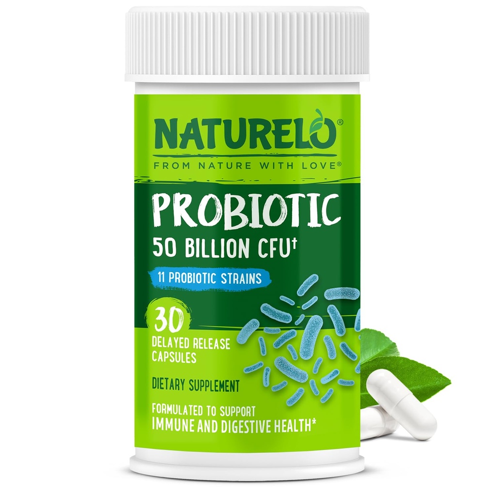 NATURELO Probiotika for Digestive Health - 50 milliarder CFU, 11 Strains Daily Supplement - Økt immunsystem, forsinket release, 30 vegetariske kapsler