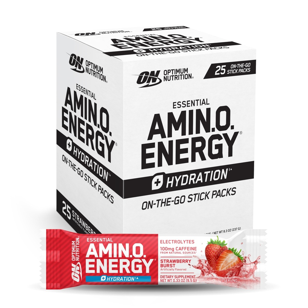Optimum ernæring Amino Energy Plus Hydration Packets, On-The-Go energi pulver Stick Packs, Jordbær Burst, 25 greve
