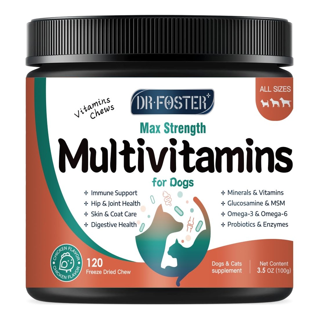 Hundemultivitamin med glukosamin, omega 3, mineraler, probiotika og enzymer, hundevitaminer og kosttilskudd for felles, hud og Coat Care, Digestive og immune helse, kyllingflavor - 120 Chews