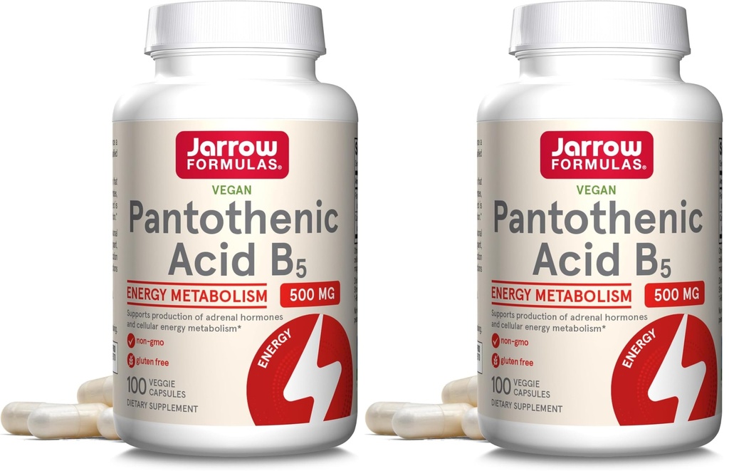 Jarrow Formulas Pantotenic Acid B5 500 mg - 100 Veggie Caps - Essential B Vitamin - Energiproduksjon og metabolisme Støtte - 100 Serveringer (Pack of 2)