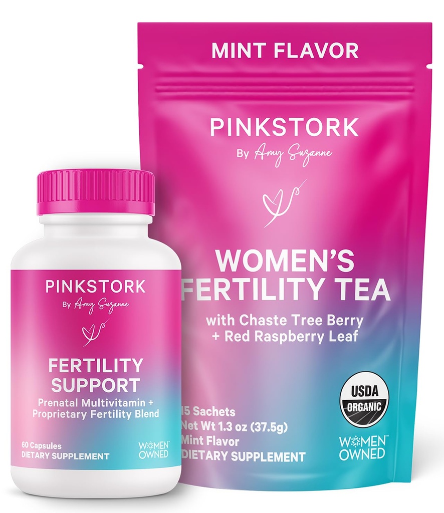 Pink Stork Fertilitet Bundle for kvinner - konsept te + prenatal vitamin støtte med Inositol, Vitex, Folate & Ashwagandha - støtter hormonbalanse, syklus helse og preconception velvære
