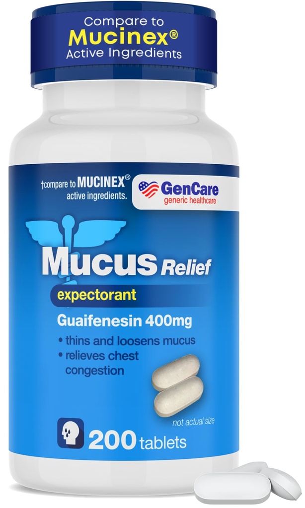 GenCare Mucus Relief Forventende Guaifenesin 400 mg 200 Tabletter Verdipakke - Fastvirkende thinning av Mucus for forkjølelse, bryst kongessjon, influensa, hosting og allergier