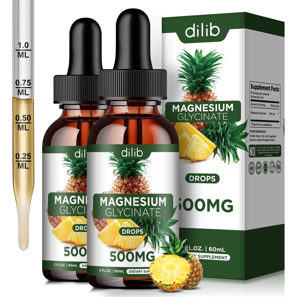 (2 Pack) Magnesium Glycinat Supplement, Flytende Magnesium Glycinat Flytende Drops 500 mg-støtte Stress Relief, Avslapning, Mood, Søvn, Bein & Muscle-4 Fl Oz, Vegan, Pineapple Flavor