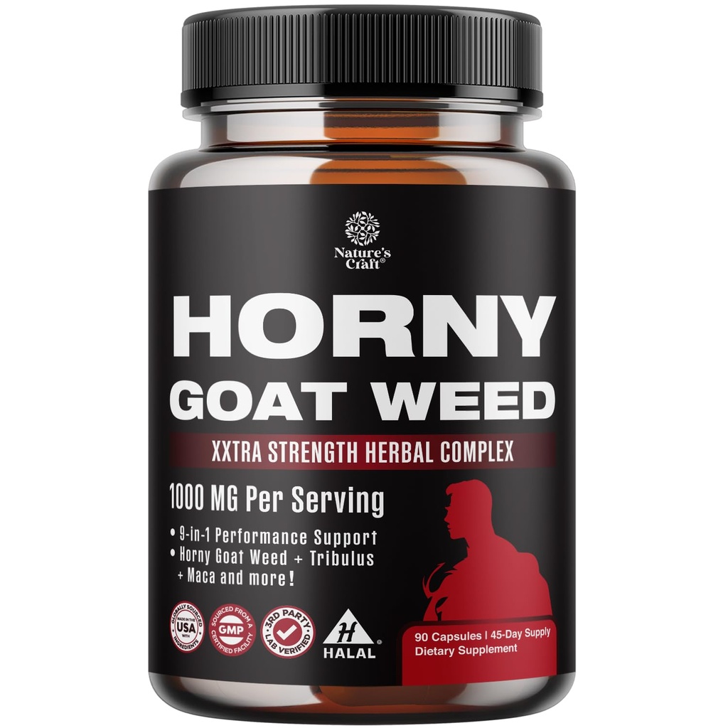 Natures Craft Horny Goat Weed for menn - Extra styrke Mann Supplement med svart Maca Root, Tongkat Ali, Sag Palmetto & Panax Ginseng Extract for Stamina & Energi - 90 Kapsler