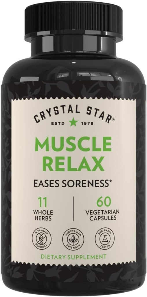 Crystal Star Muscle Relax (60 kapsler) – Herbal Relief fra Sore Muskler, Kramper og Spasmer – Valerian Root, Jamaica Dogwood & Cramp Bark - Ikke-GMO