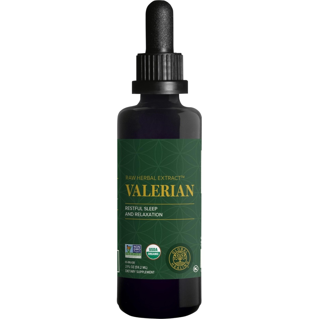 Global Healing Organic Valerian Root Extract Liquid Supplement - Rå urteekstrakt for sunn avslapning, søvn og ro -Alternativ til Valerian Root Kapsler for biotilgjengelighet - 2 Fl Oz
