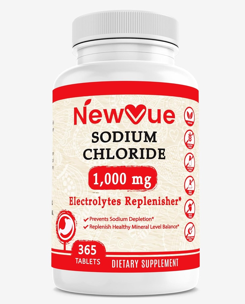 Natriumklorid 1000 mg, 365 tabletter - salttabletter, ikke-GMO, glutenfri - Drikk med elektrolytter erstattet hydrasjon