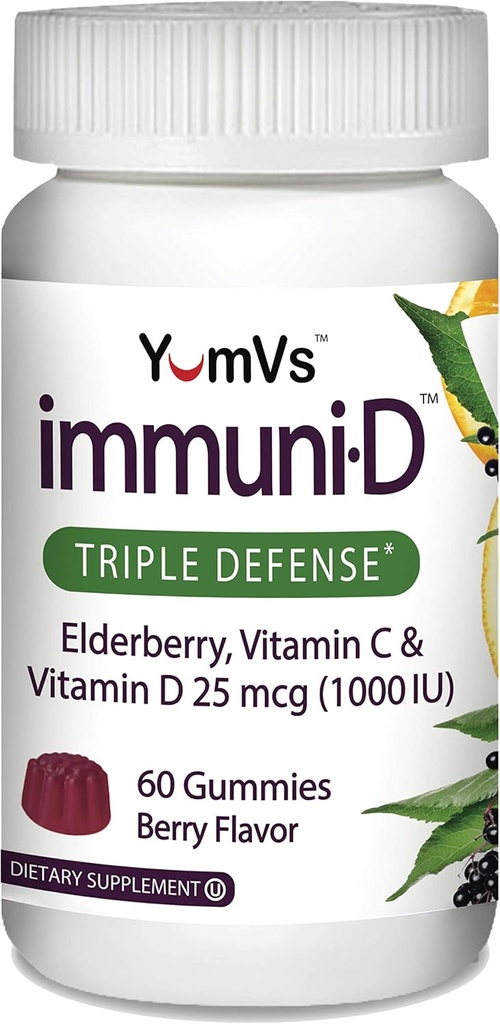Immunit Elderbær Gummies av YumVs | Triple Defense Vitaminer med Sambucus Elderberry, Vitamin C & vitamin D | Komplett immunsystem støtte for kvinner og menn | Naturlig Berry Flavor-60 Count