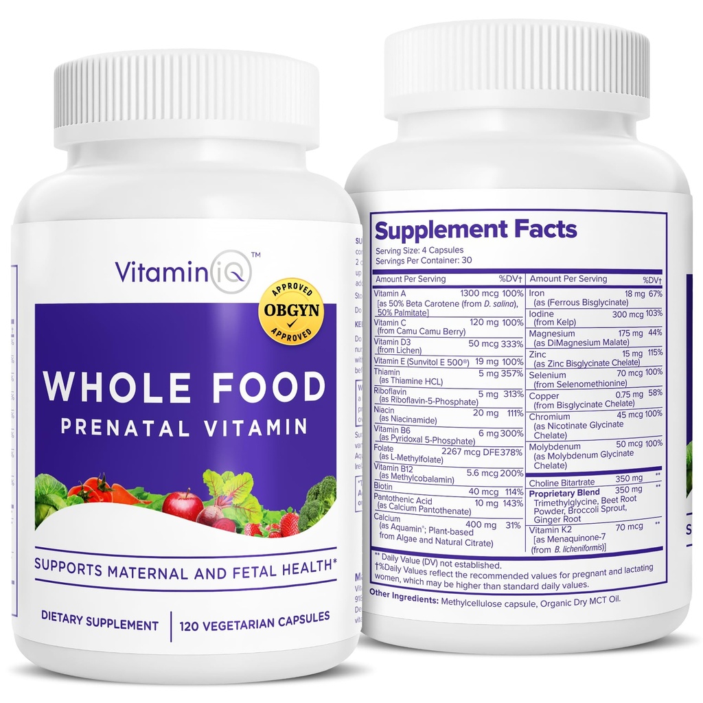 Hele maten prenatal vitaminer (120 kapsler) naturlig støtte for moder- og føtal helse, prenatal multivitamin for kvinner med Choline, B vitaminer og mer, vegansk, ingen soya, gluten eller dairy