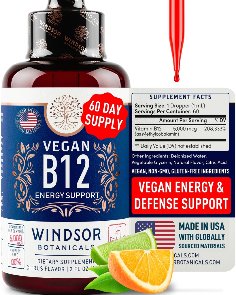 Vegansk vitamin B12 flytende - Max styrke Methylcobalamin B12 Sublingual 5000 mhg - raskt absorberende Supplement for humør, minne og energi støtte - ikke-GMO, Glutenfri, Citrus flavor B 12 dråper, 2oz