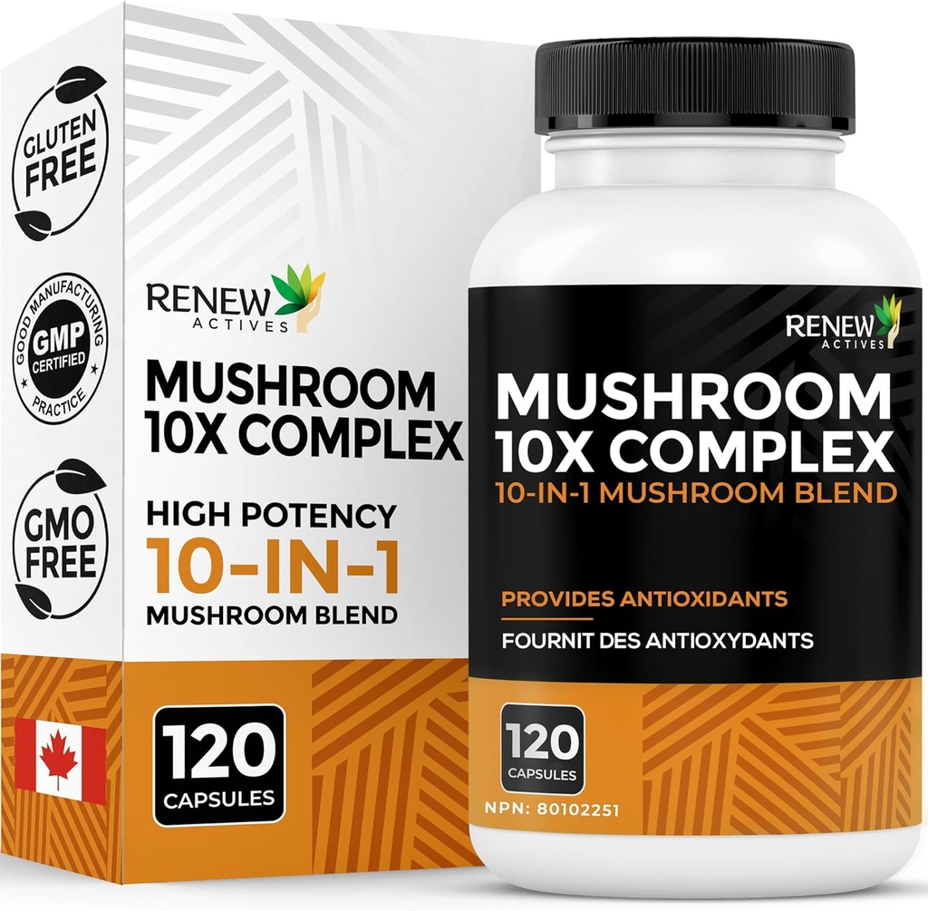 ANGIVE AKTIVER Mushroom Complex 2 Kapsler per servering – 10 Mushroom Blend med antioksidanter for immun helse og velvære – støtter total vitalitet og langsiktig velvære –Made i Canada - 120 Kapsler