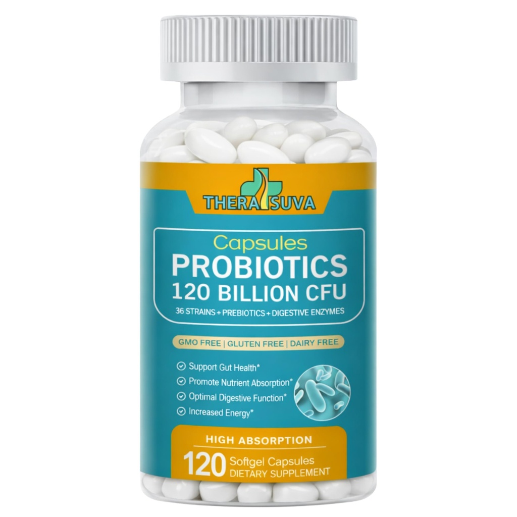 Probiotika 120 milliarder CFU-36 Strains + organiske prebiotika + Naturlig hele mat Supplement for Ultimate Gut Helsestøtte - 120 Softgels, 60 dagers forsyning