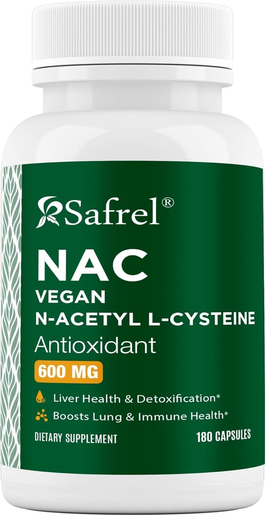 Safrel N-acetyl-L-Cysteine (NAC) Kapsler, 600 mg, 180 greve, respirasjon, immun, lever helse Potent antioksidant støtte, gratis radikaler, lett å absorbere, ikke-GMO, Glutenfri