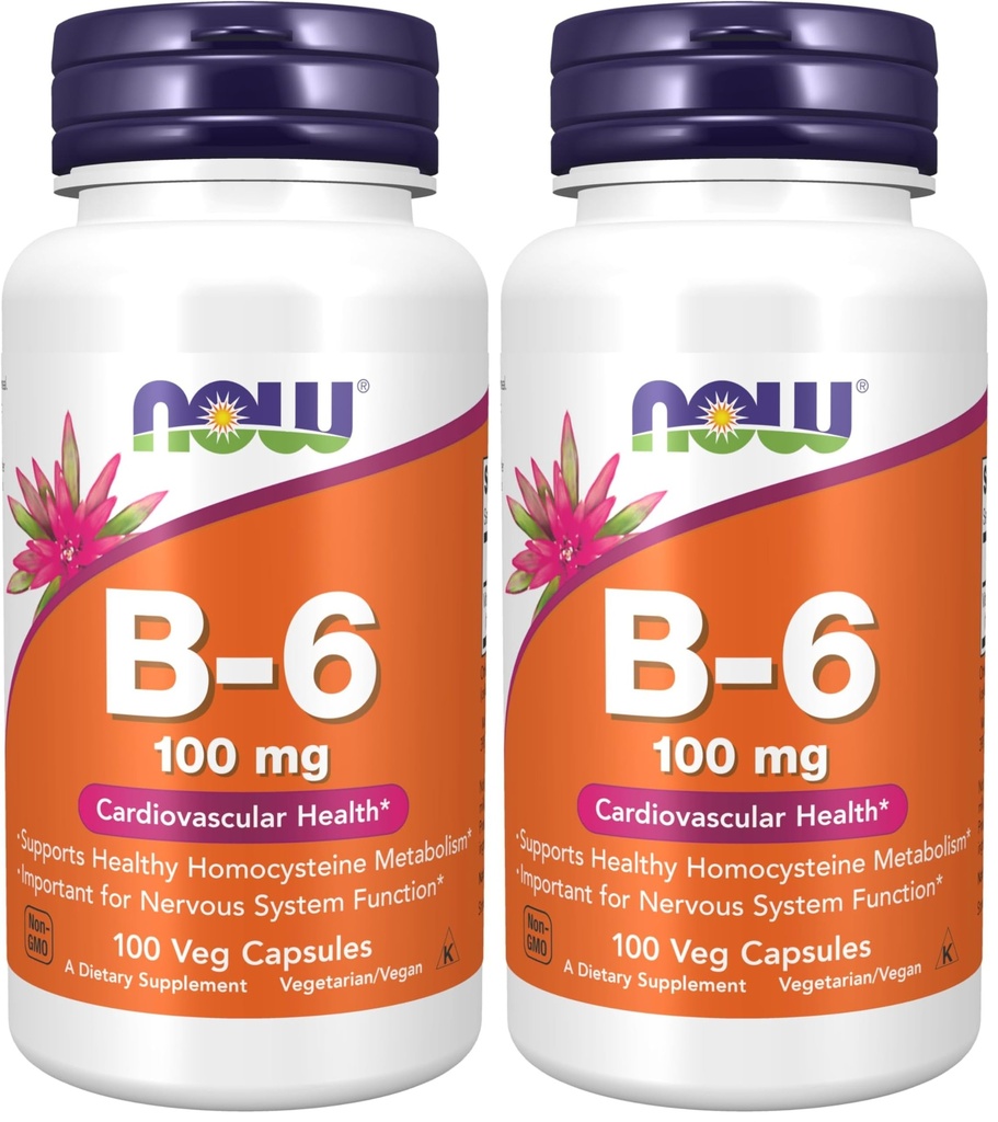 NÅ Kosttilskudd, vitamin B-6 (Pyridoxin HCl) 100 mg, kardiovaskulær helse*, 100 Veg Kapsler (pakke på 2)