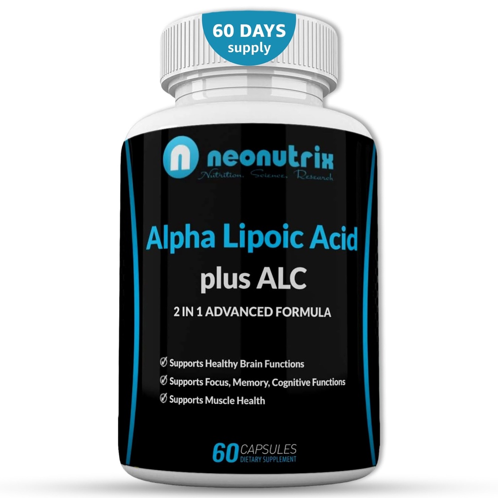 Alfa Lipoic Acetyl L-karnitin Antioksidant Supplement ALA ALC for sunn hjernefunksjon og muskelstyrke, fokus, minne og kognitiv funksjon for kvinner og menn - 60 kapsler av Neonutrix
