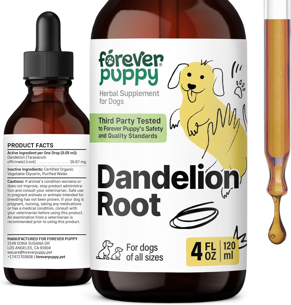 Forever Puppy Dandelion Root Drops for hunder - flytende lever helse Supplement for store, mellomstore og små hunder - Liver Cleanse Detox Drops m / Dandelion Root Extract - 4 oz