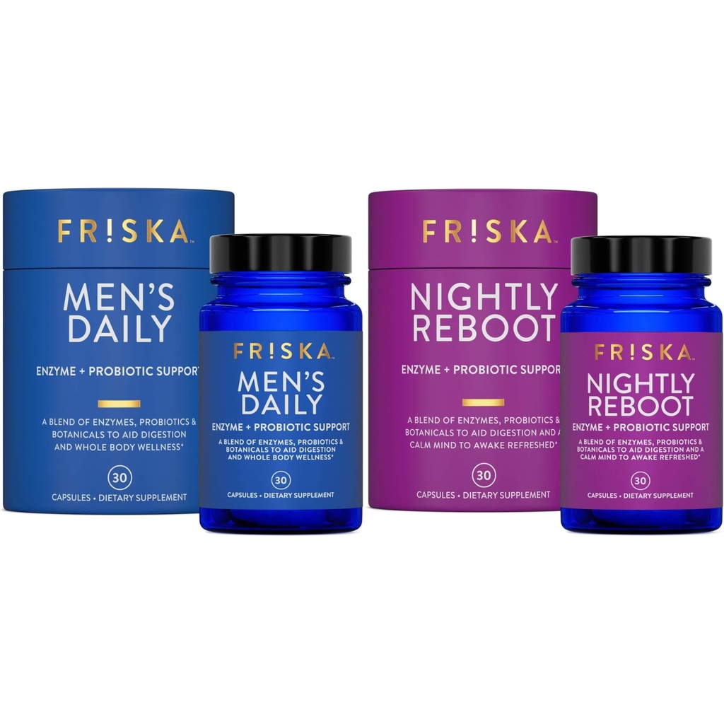 FRISKA Mens og nattlig probiotiske Bundle | Digestive enzymer og probiotika Supplement | Mann & nattime Digestion & Bloating Support | 30 Kapsler per flaske
