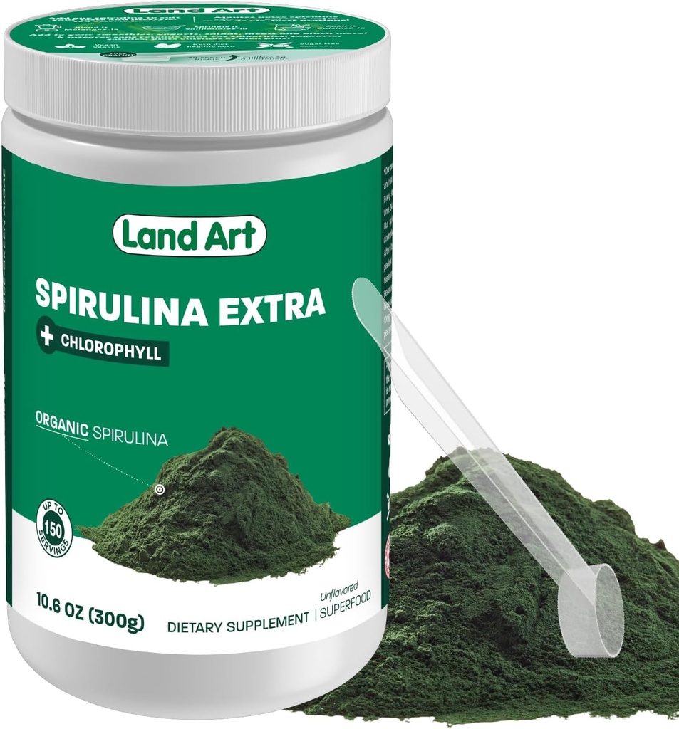 Land Art Certified Organic Fresh Spirulina Extra Powder 300g - Forbedret med Biotilgjengelig Klorofyll tilsatt - Uflavoured - Clean Source - 3rd Party Tested - Måling Spoon Inside