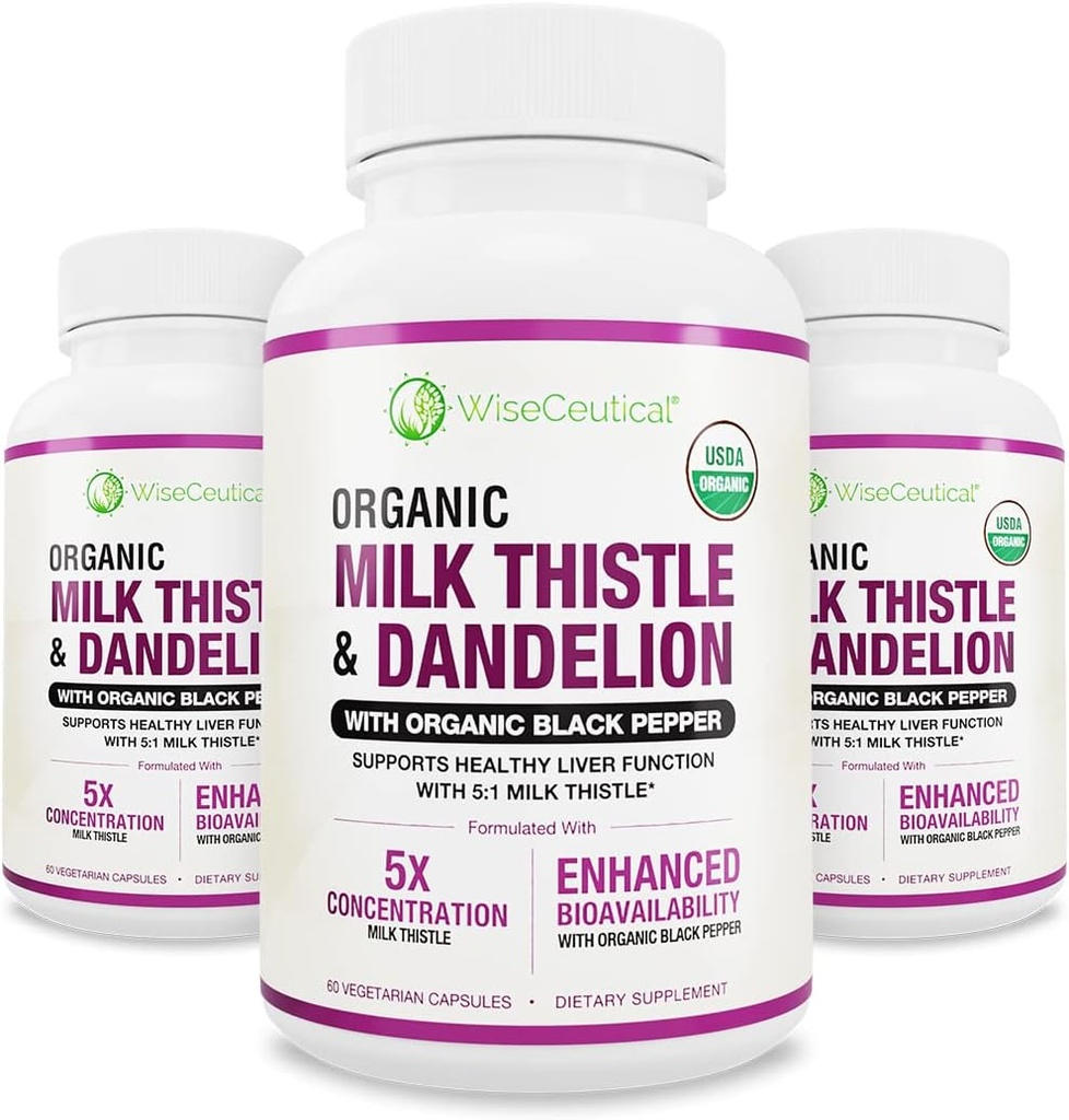 Maks absorpsjon USDA Økologisk Melk Thistle Potent 5:1 Konsentrert Ekstrakt (2000mg Styrke) & Organisk Dandelion Root | Silymarin Antioksidant Flavonoid | Liver Support Supplement (60 greve (Pack of 3))