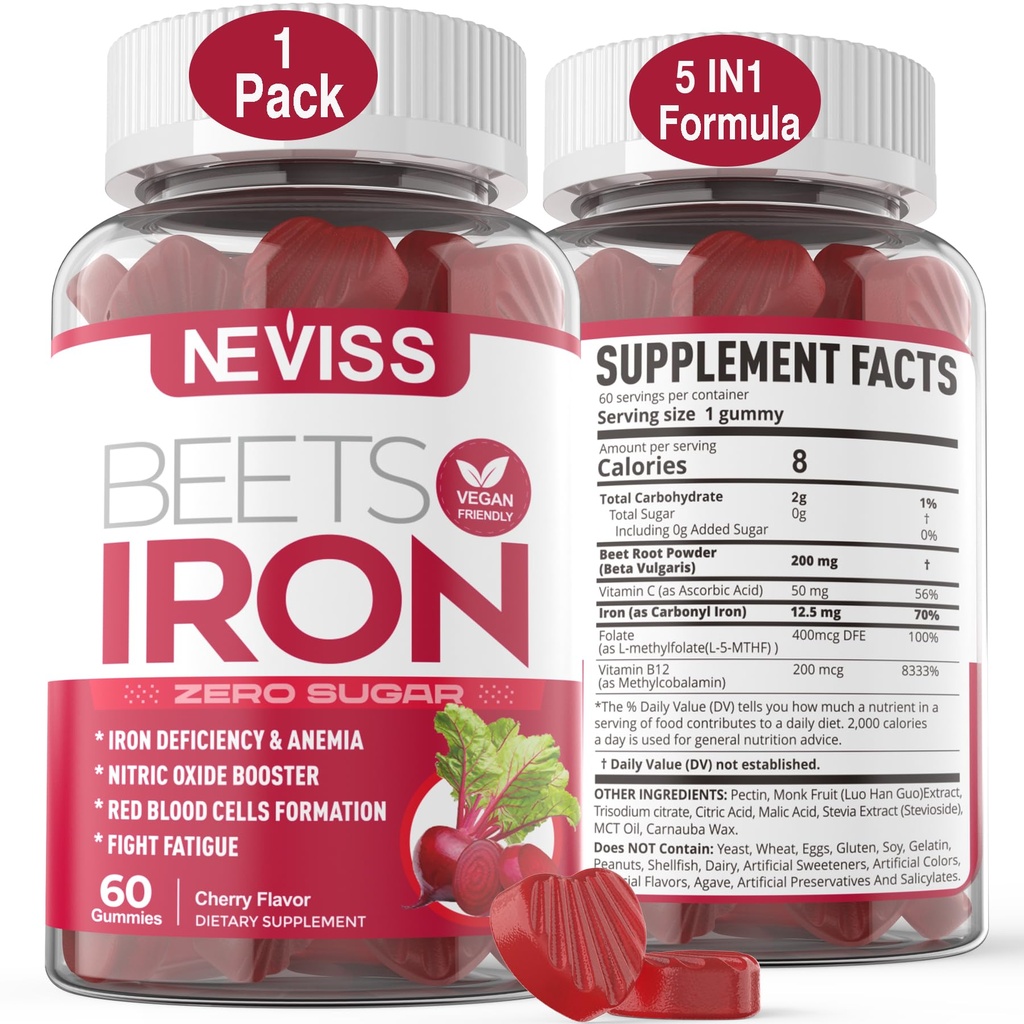 Beet Root Gummies med jern, Methyl B12, Folat, Vitamin C - Øk nitric oksid & jern nivåer, energi støtte, bekjempe tretthet, Beetroot & Gentle Iron Supplement, sukker gratis, 60 greve