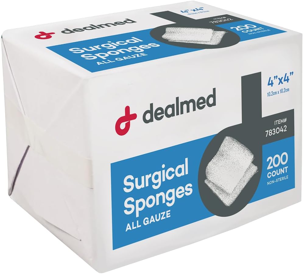 Dealmed 4" x 4" Kirurgiske sponger, 8-Ply, Ikke-Woven Absorbent Gauze Sponges for sårpleie, Førstehjelpssett og medisinske fasiliteter, 200 greve (pakke med 1)