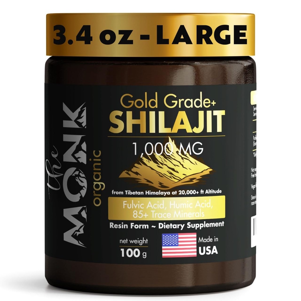 Organisk Himalayan Shilajit Resin med Fulvic Acid, Humic Acid, 85+ Minerals- Gold Grade Plus - 100g, 1000 mg Per Serving - Energi, Stamina, Brain Support - Laget i USA