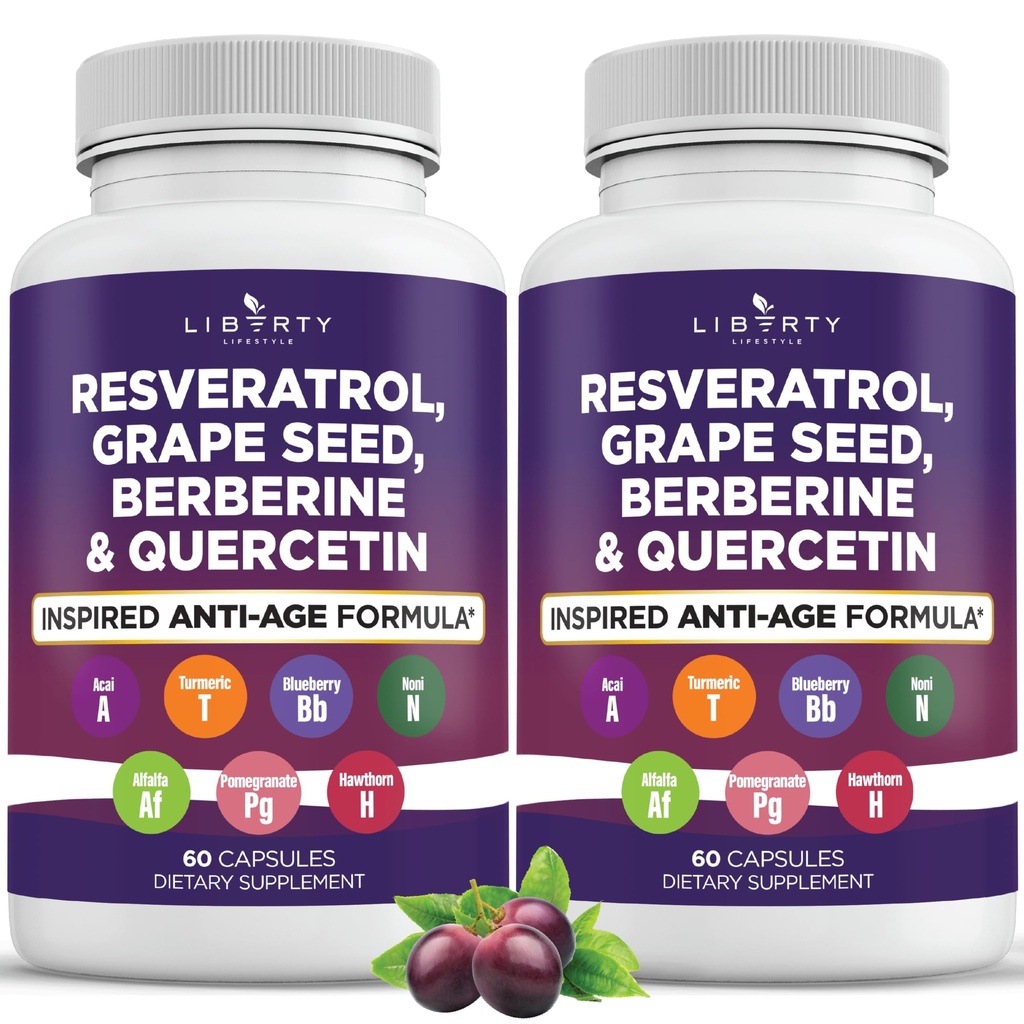 Resveratrol, Berberin, Grape Seed Extract, Quercetin, Polyphenol Supplement for kvinner og menn med Noni Extract, N-Acetyl Cysteine, Acai Extract - 2-Pack