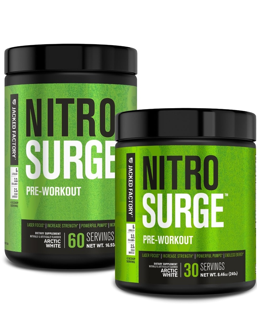 Jacked Factory NITROSURGE Pre Workout Supplement - Endless Energy, Instant Strength Gains, Clear Focus, Intense Pumper - Ingen Booster & Kraftig Preworkout Energipulver - 90 Serveringer, Arktisk Hvit