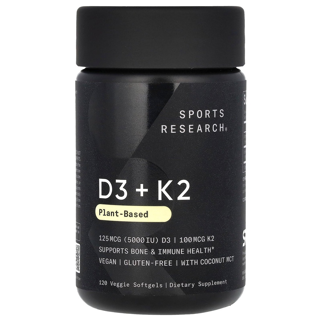 Idrettsforskning vitamin D3 med K2 Softgels - Plantebasert K2 & Vegan D3 5000iu med kokos MCT olje - Vegansk sertifisert, soya og glutenfri - 120 greve