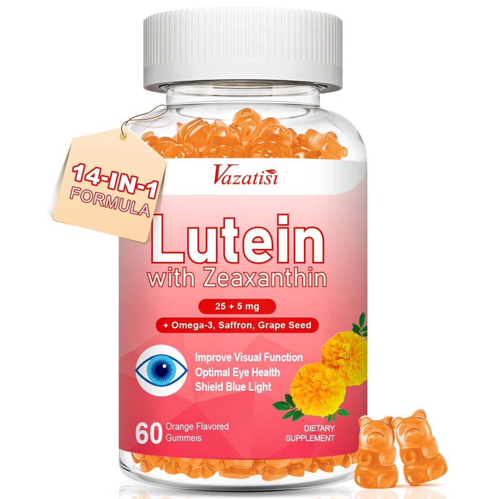 Lutein og Zeaxanthin kosttilskudd Gummies, avanserte øyevitamin Supplement med Bilbær, Saffron, Grapefrø, Omega 3 for Macular Helse, Tørr Øye, Visuell funksjon - Orange Flavor, 60 Antall