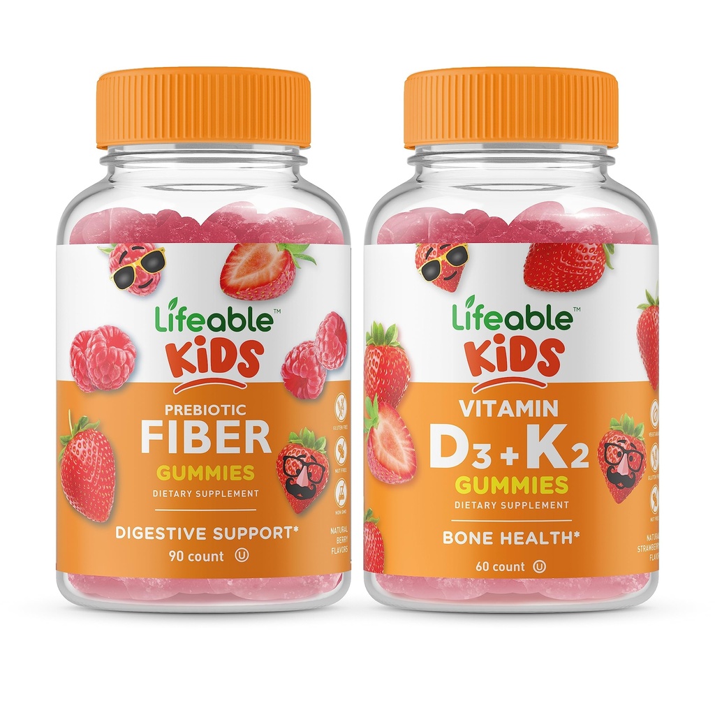 Livbare prebiotiske Fiber Kids + vitamin D3 + vitamin K2 Kids, Gummier Bundle - Great Tasting, vitamin Supplement, Glutenfri, GMO Free, Chewable Gummy