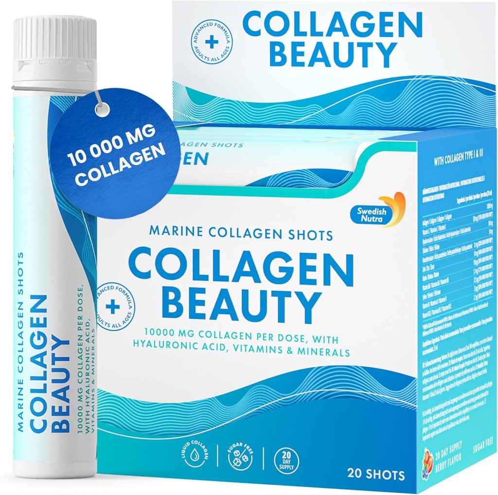 Svensk Nutra - Collagen Beauty | 10 000 mg Hydrolysert Marine kollagen flytende Supplement - 20 x 25 ml daglige bilder | Hyaluronsyre og vitamin C for å støtte Sunt hår, hud, negler | Sukker-fri