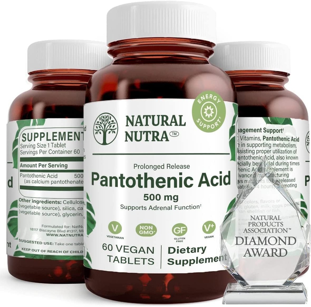 Naturlig Nutra Time Release Pantotenic Acid 500 mg, vitamin B5 Supplement hjelper bryte ned fett og karbohydrater, metabolisme og energi, forbedre muskel helse, 60 vegetariske tabletter (3 Pack)