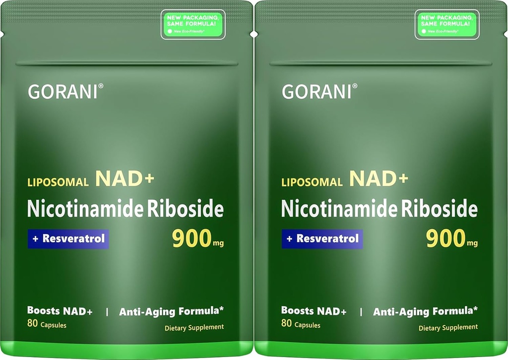 Gorani NAD + Supplement 900MG – Nikotinamid Riboside, Liposomal Resveratrol & Quercetin – Støtter cellulær energi og antioksidant helse – 80 kapsler