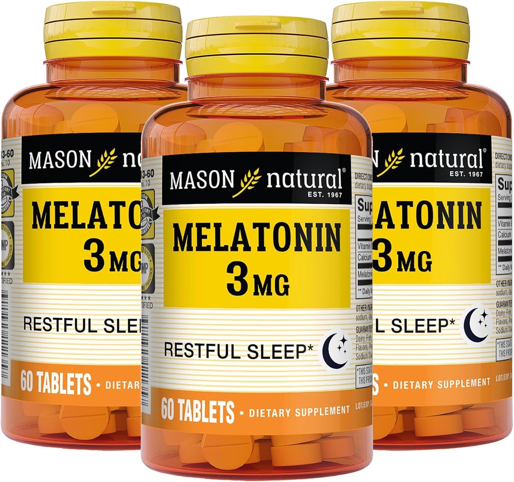 MASON NATURAL Melatonin 3 mg med B6 & kalsium, naturlig søvnhjelp, støtter hvilelig søvn, 60 tabletter (pakke med 3)