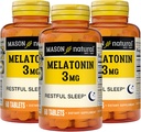 MASON NATURAL Melatonin 3 mg med B6 & kalsium, naturlig søvnhjelp, støtter hvilelig søvn, 60 tabletter (pakke med 3)