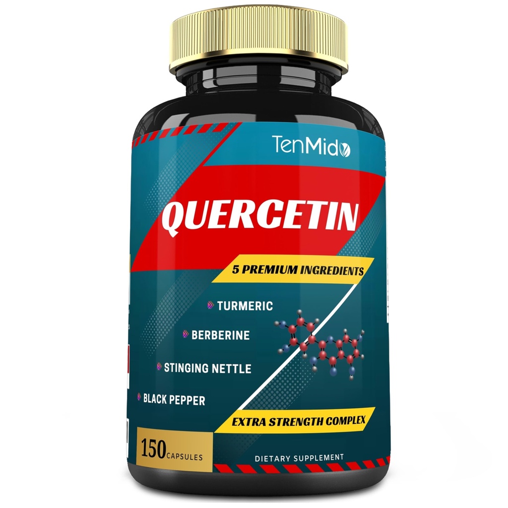 Quercetin Supplements Kapsler - Støtter immunsystem og hjertehelse, Antioksidanter med berberin, Sting Nettle, gurkemeie, svart pepper - 150 kapsler - 5 måneders forsyning