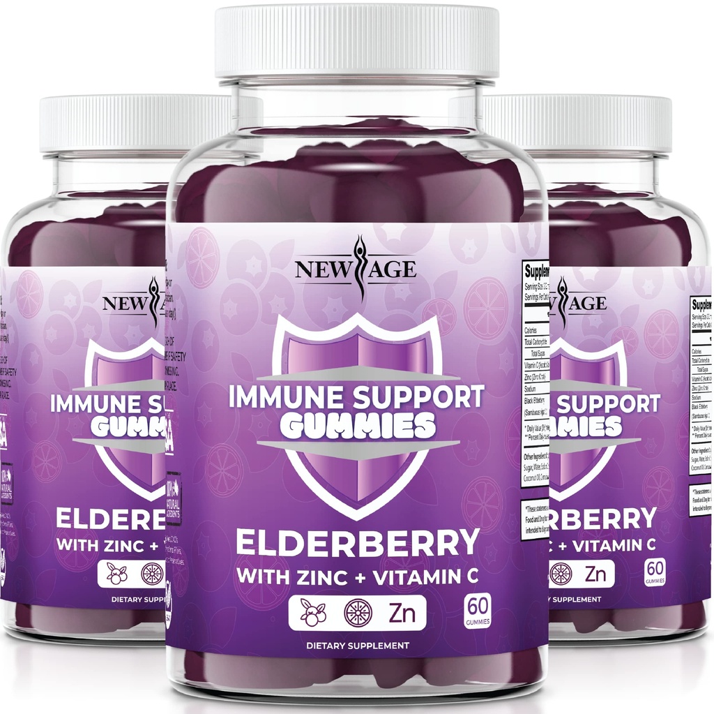 NEW AGE Immune System Support Gummies - Sambucus Black Elderberry Gummies med vitamin C og sink (Immune Support 180 Gummies)