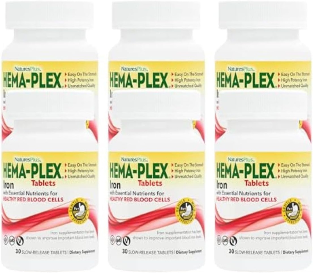 NaturesPlus Hema-Plex jern - 30 uforutsette releasetabletter, pakke med 6-85 mg Elementalt jern - Total blodhelse - med vitamin C & Bioflavonoider - Vegan, Glutenfri - 180 Total Services