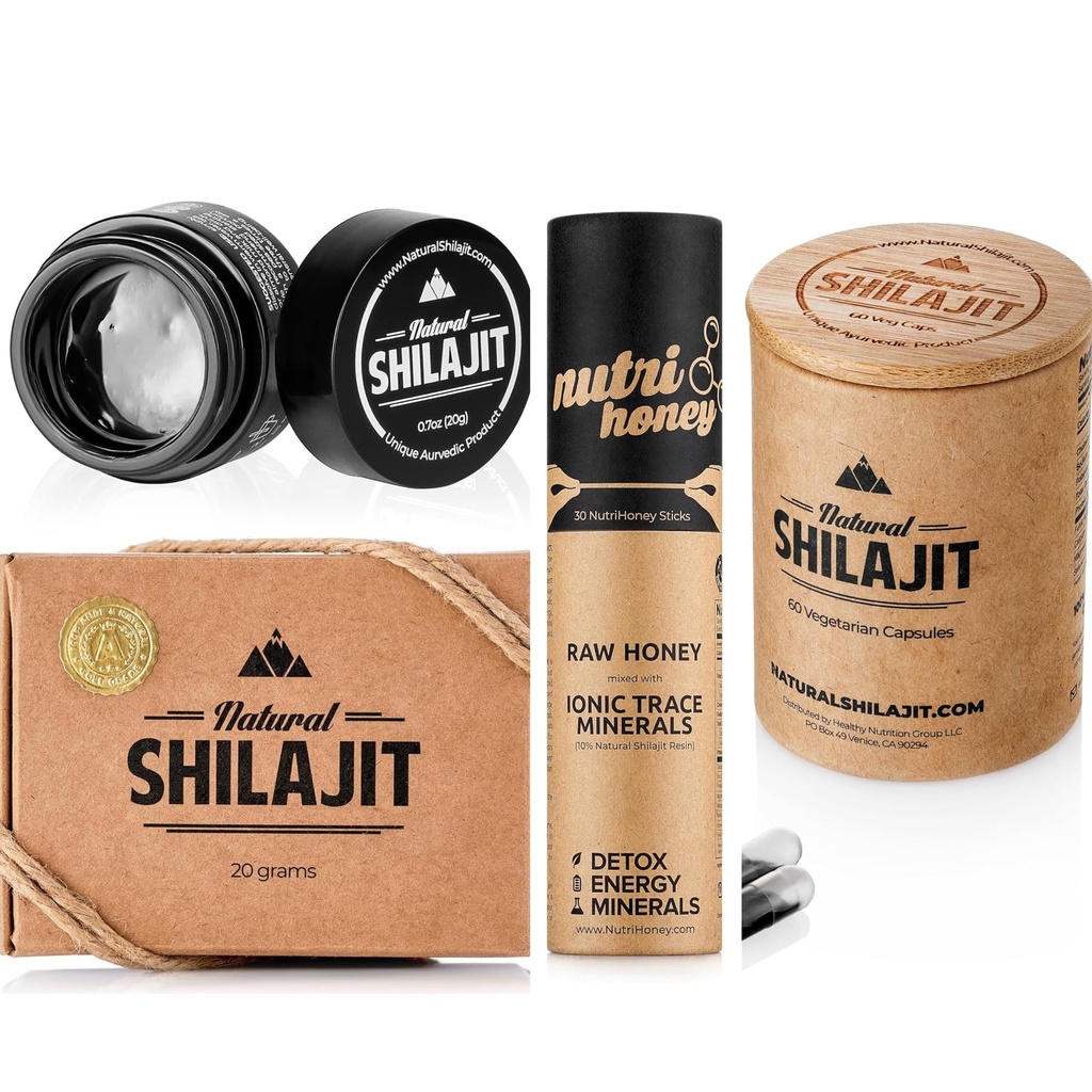 NATURAL SKILAJIT Resin 20G, Shilajit Honning Sticks 30 Count Capsules 60 Count